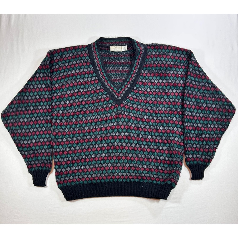 Vintage Sears The Mens Store V-Neck Sweater Geometric Knit Acrylic USA Made M